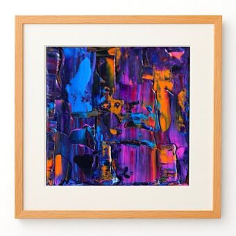 By The Sea, a colourful art print with blue, orange and fuchsia in a light brown wooden frame