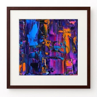 By The Sea, a colourful art print with blue, orange and fuchsia in a dark brown wooden frame