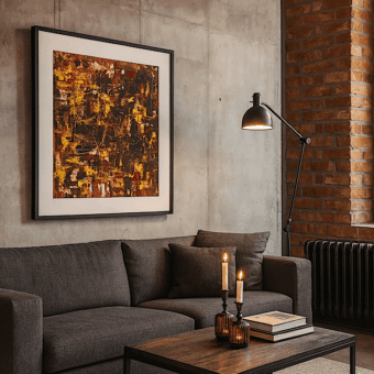 Surrounded By Love art print in situ: yellows, browns and reds in a rhythmic dynamic