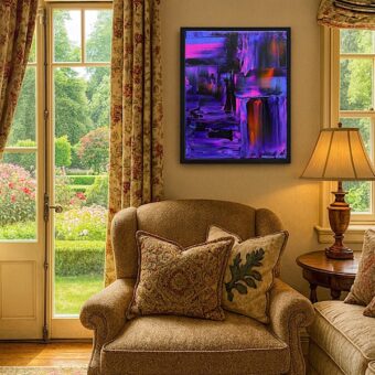 Dropping the Veil, an original abstract painting in dramatic reds and blacks, in situ (black frame) (2)