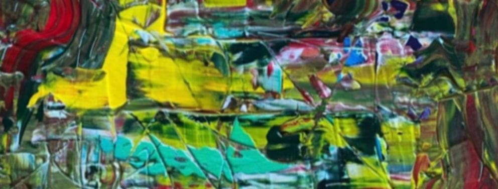 Detail of The Invitation, abstract painting with greens, yellow and accents of red