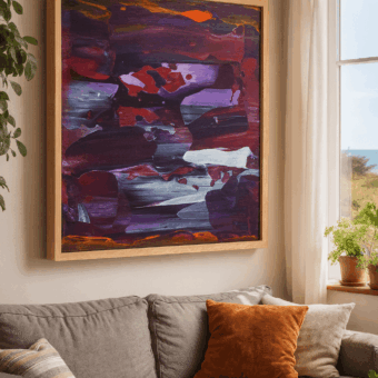 Abstract schilderij Friction & Flow: paars, roze, wit, blauw en oranje reliëf kunstwerk van Tim Hupkes in de woonkamer (lichthouten lijst)