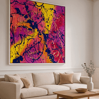 There Not There, abstract werk met geel, roze, oranje en donkerblauw (witte lijst)