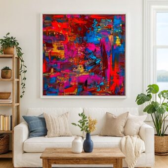 This Could Be Heaven, canvas print vol roze, oranje, goud, lichtblauw, blauw en bordeauxrood, witte lijst, in situ