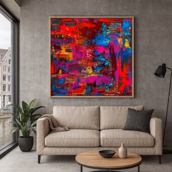 This Could Be Heaven, canvas print vol roze, oranje, goud, lichtblauw, blauw en bordeauxrood, lichthouten lijst, in situ