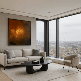 Shining Through, abstracte canvas print met bruin en geel, zwarte lijst, in situ