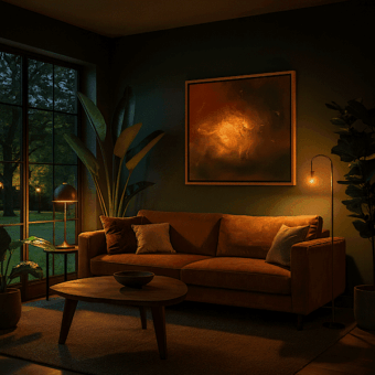 Abstracte canvas print Shining Through, met warm bruingele tinten, in situ (licht eikenhouten lijst)