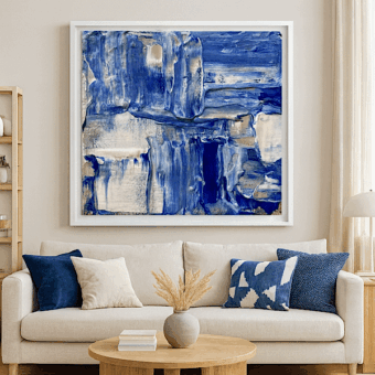 Unbreakable, abstracte canvas print in blauw en wit, in situ (witte lijst)