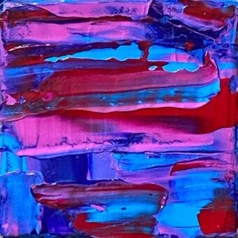 Sunset Overflow, abstract kunstwerk met roze, bordeauxrood, lichtblauw en blauw