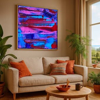 Sunset Overflow, abstracte canvas print met magenta, rood, blauw en lichtblauw in situ (lichthouten eiken lijst)