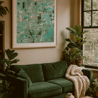 Fine art papier print Lagoon: turquoise, woudgroen en zilver in situ (lichthouten eiken lijst)