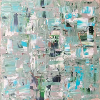 Canvas print naar abstract schilderij Lagoon. Kleuren: turquoise, wit, warm grijs en dennengroen.