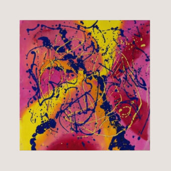 Abstract schilderij in roze, oranje, geel en donkerblauw, There Not There