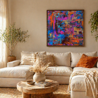 Abstracte canvas print in blauw, roze en oranje, This Could Be Heaven, in situ (donkere eikenhouten lijst)