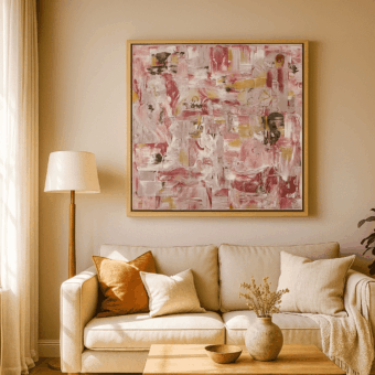 ‘Holiday’, een abstract schilderij met rood, roze, goud, zwart en wit, in interieur getoond (lichthouten eiken lijst).