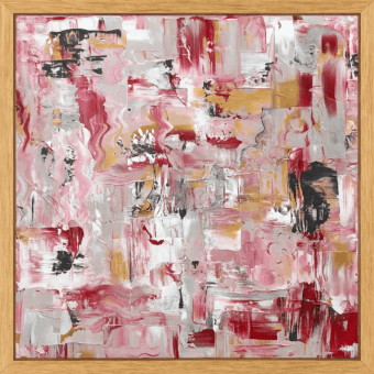Holiday, abstract schilderij met rood, roze, goud, wit en zwart in lichthouten eiken lijst