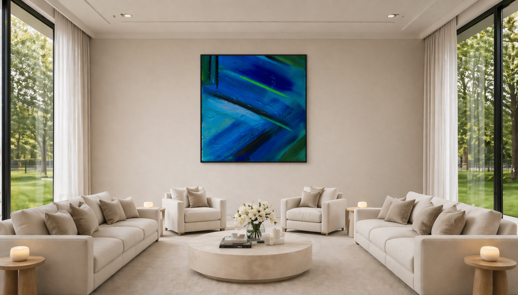 Moving Past, fine art canvas print van origineel schilderij in situ. Kleuren: lichtblauw en donkerblauw.