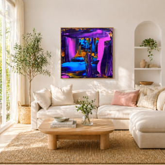 Coming Out Of Hiding, abstracte canvas print in roze met blauw, in een zonnige woonkamer