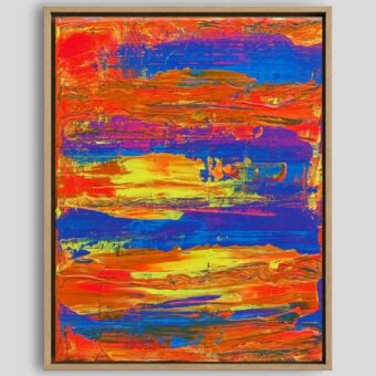 Abstracte canvas print in oranje en blauw | After the Heat. In licht eikenhouten lijst.