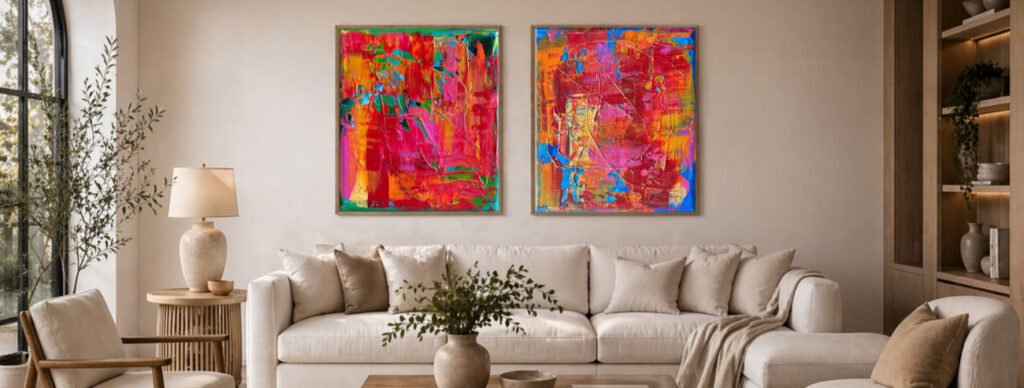 Twee abstracte rode kunstwerken boven de bank, ingelijst