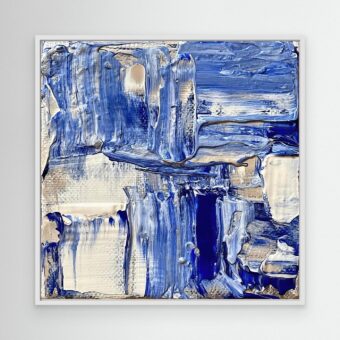 Unbreakable – abstract schilderij in blauw en wit met diepe emotie, witte lijst