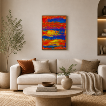 After the heat, abstracte canvas print met oranje, blauw en geel. In situ. 60 x 80 cm