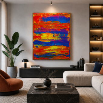 After the heat, abstracte canvas print met oranje, blauw en geel. In situ. 120 x 150 cm