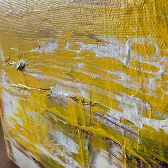 Schilderij Yellow I, 50 x 70 cm acryl op canvas. Geel met Napels zachtgeel, burnt omber en lichtbruin. Detail 2