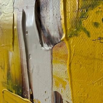Schilderij Yellow I, 50 x 70 cm acryl op canvas. Geel met Napels zachtgeel, burnt omber en lichtbruin. Detail 6