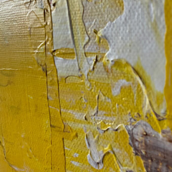 Schilderij Yellow I, 50 x 70 cm acryl op canvas. Geel met Napels zachtgeel, burnt omber en lichtbruin. Detail 7