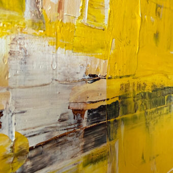 Schilderij Yellow I, 50 x 70 cm acryl op canvas. Geel met Napels zachtgeel, burnt omber en lichtbruin. Detail 8
