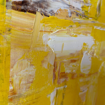 Schilderij Yellow I, 50 x 70 cm acryl op canvas. Geel met Napels zachtgeel, burnt omber en lichtbruin. Detail 9